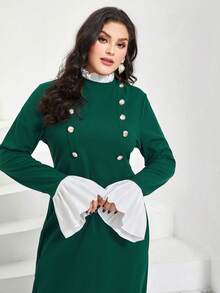 Modelyn Plus Contrast Ruffle Trim Flounce Sleeve Button Detail Dress - Green - View 5