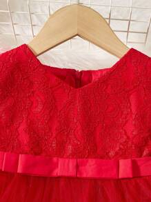 Baby Girls' Net Yarn Patchwork Dress With Bow Decoration For Formal Occasions - Red - View 3