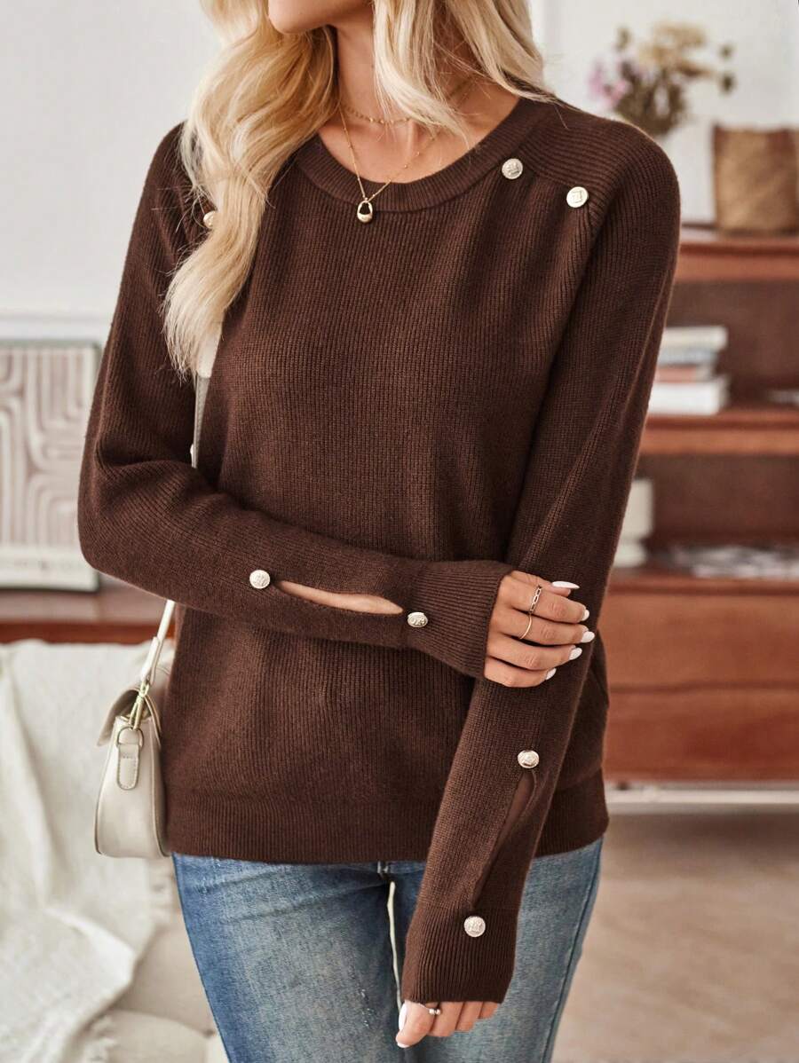 GENKIRA Button Detail Split Detail Knit Pullover Fall Winter Sweater - Brown - View 1
