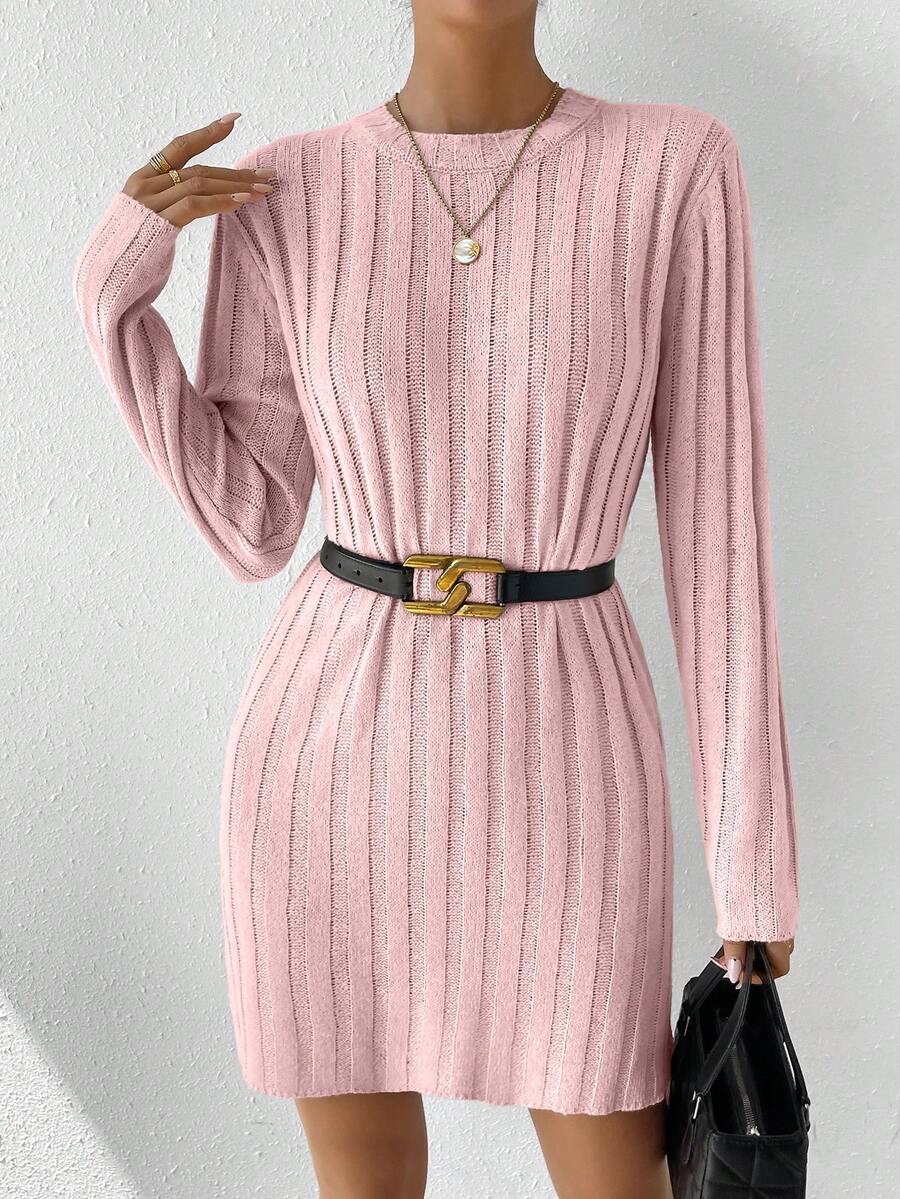 SHEIN Essnce 休閒羅紋針織純色女士毛衣連衣裙 - 粉色 - 查看 1
