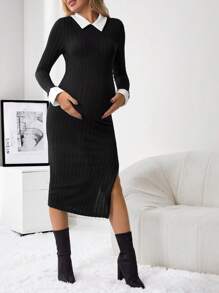 SHEIN 孕婦拼接領高衩緊身洋裝