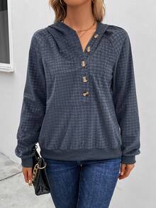 SHEIN LUNE Half Button Raglan Sleeve Hoodie - Black - View 6