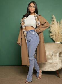 SHEIN SXY 拼接格紋印花翻蓋口袋腰帶花呢外套 - 彩色 - 查看 6