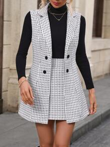 SHEIN Clasi 格紋印花外套馬甲&半身裙 - 黑與白 - 查看 5
