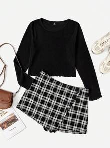 SHEIN EZwear Hơn Áo phông trơn & In kẻ sọc Viền không đối xứng Váy quần - Đen và trắng - Xem 1
