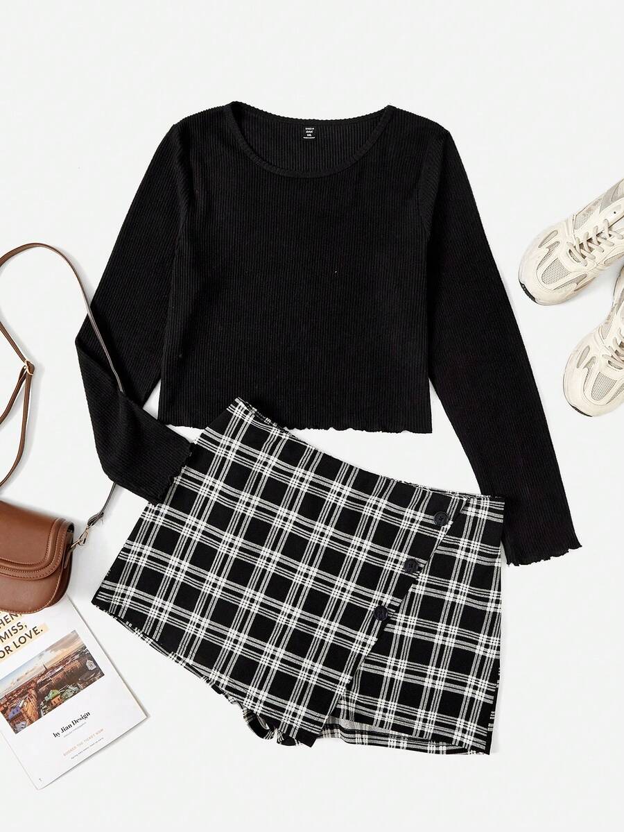 SHEIN EZwear Hơn Áo phông trơn & In kẻ sọc Viền không đối xứng Váy quần - Đen và trắng - Xem 1