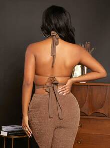 SHEIN SXY Rhinestone Lace Up Front Cut Out Tie Backless Halter Top - Brown - View 2