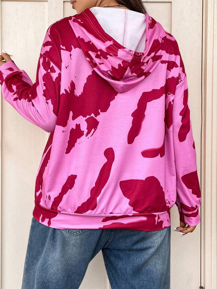 Plus Size Tie Dye Letter Graphic Kangaroo Pocket Drop Shoulder Sweatshirt