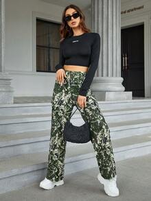 SHEIN LUNE 滿版印花側翻蓋口袋工裝褲 - 彩色 - 查看 6