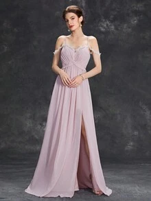 Vestido De Dama De Honor De Gasa Con Hombros Descubiertos, Encaje Recortado, División En El Muslo - Rosa Pálido - Ver 3