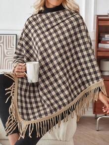 SHEIN LUNE Plaid Pattern Fringe Trim Knit Poncho - Multicolor - View 2