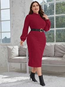 SHEIN Clasi 大碼小高領燈籠袖條紋針織緊身洋裝 - 紅木色 - 查看 4