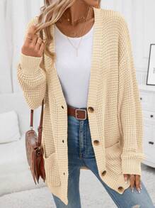 SHEIN Clasi Dual Pocket Drop Shoulder Cardigan - Apricot - View 3
