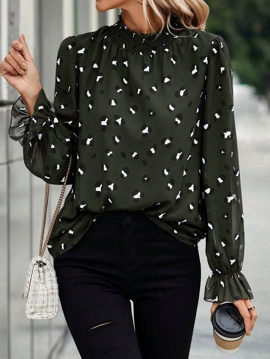 SHEIN Clasi Allover Print Flounce Sleeve Frill Neck Blouse - Army Green - View 1