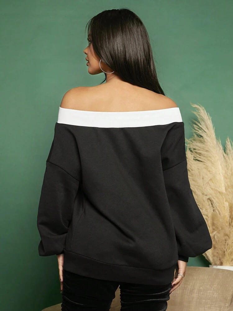 Off Shoulder Contrast Trim Lantern Sleeve Sweatshirt