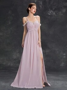 Vestido De Dama De Honor De Gasa Con Hombros Descubiertos, Encaje Recortado, División En El Muslo - Rosa Pálido - Ver 6