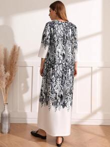 Al Najma Women's Printed V-neck Long Sleeve Dress - Black and White - View 2