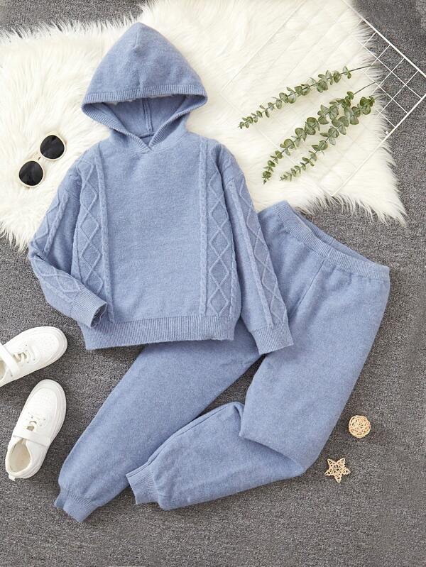 SHEIN Tween Girl Elegant Loose Long-Sleeved Trousers And Hooded Sweater Two-Piece Set