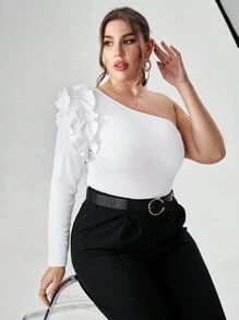 SHEIN Privé Hơn Một bờ vai Viền Ruffle Áo thun - trắng - Xem 1