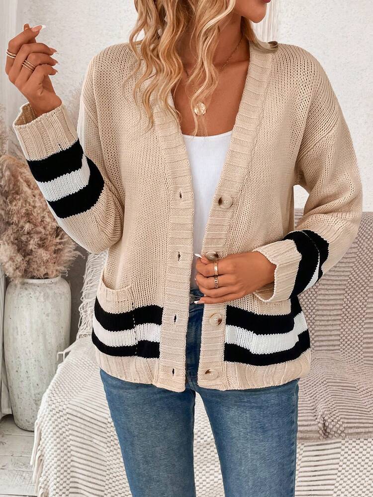 Striped Pattern Dual Pocket Drop Shoulder Cardigan