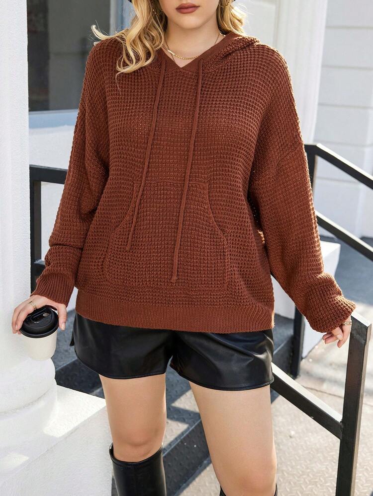 Calvaya Hơn Túi kangaroo Thả vai Dây rút áo có mũ Áo len - Cà phê nâu - Xem 3