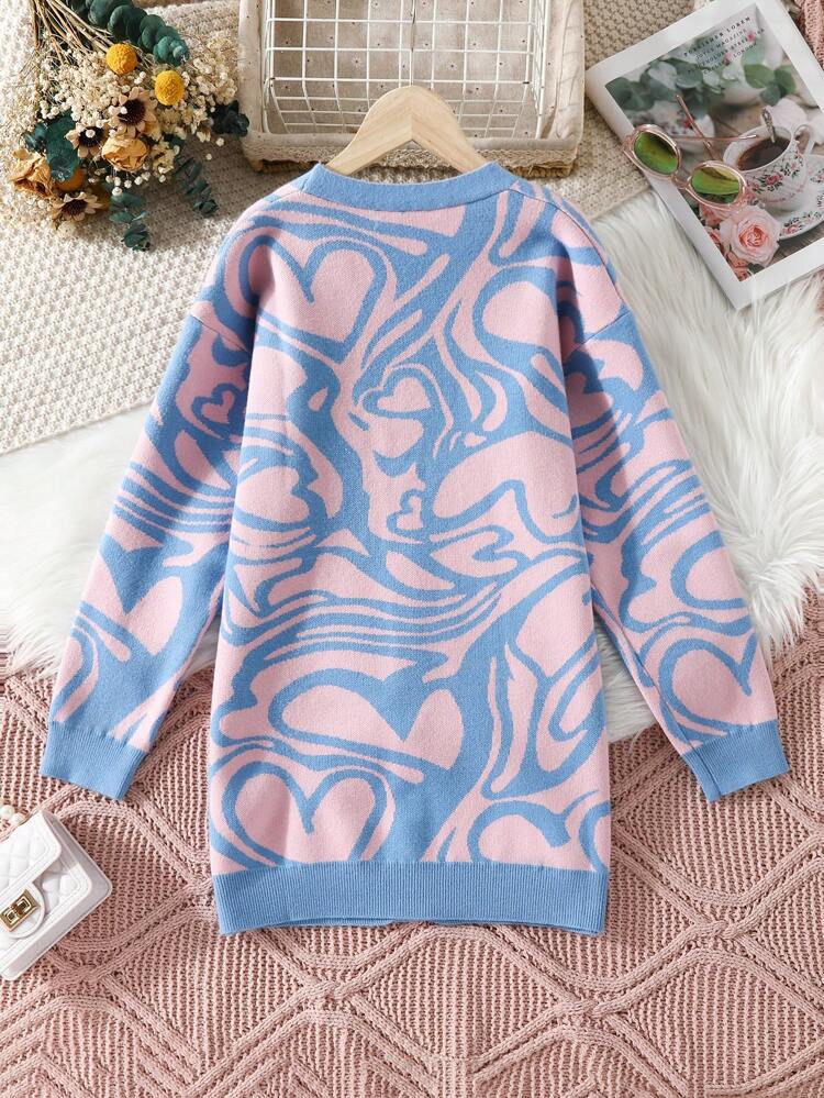 Tween Girl Heart Pattern Drop Shoulder Cardigan
