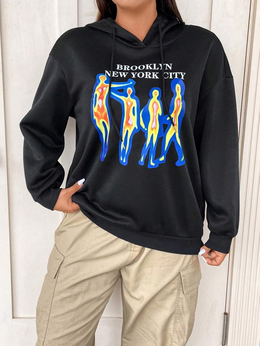 Flirla Áo nỉ có mũ cỡ lớn với hình in chân dung và chữ cái nhạy cảm với nhiệt, áo nỉ chui đầu mùa thu. - màu đen - Xem 1