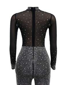 Fashion Women's Solid Color Mesh Sparkling Rhinestone Long Sleeve Pants Jumpsuit Festival Graduation Dress - Black - View 8