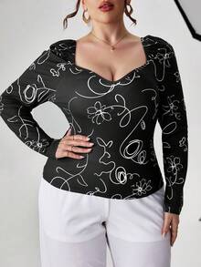 SHEIN Privé Plus Floral Print Sweetheart Neck Puff Sleeve Tee - Black - View 3