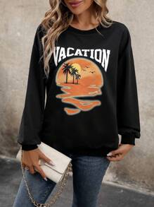 EMERY ROSE Letter & Palm Tree Graphic Drop Shoulder Sweatshirt Pullover Fall Sweatshirt - Black - View 3