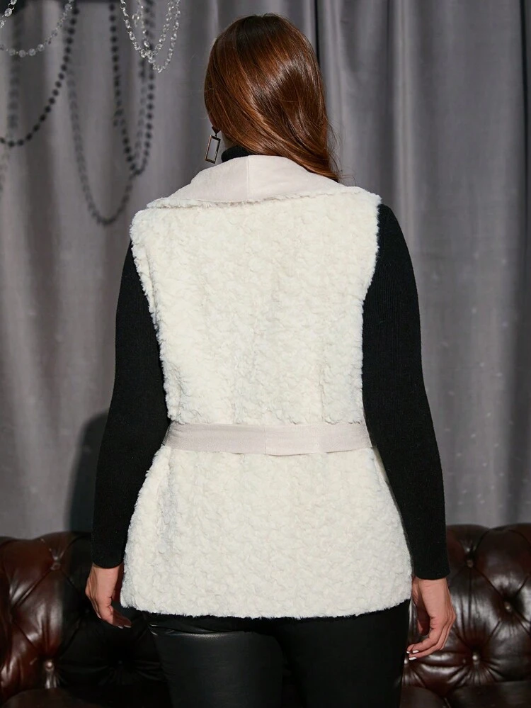 Plus Waterfall Collar Belted Fuzzy Vest Coat