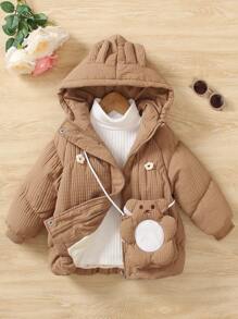 年轻男孩 1 件花卉贴片拉链连帽加厚外套和 1 个包 - 卡其色 - 查看 1