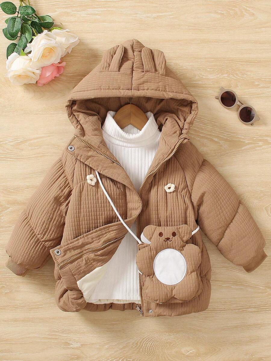 年轻男孩 1 件花卉贴片拉链连帽加厚外套和 1 个包 - 卡其色 - 查看 1