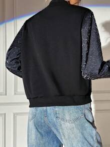 Chiquease Contrast Sleeve Zip Up Bomber Jacket - Black - View 2