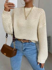 Chiquease Solid Drop Shoulder Knit Pullover Fall Winter Sweater - Apricot - View 5