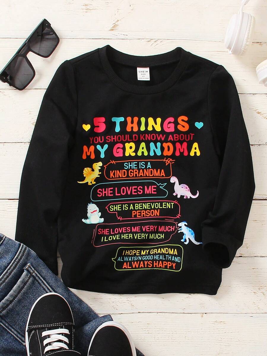 SHEIN Young Boy Slogan & Dinosaur Print Tee - Black - View 1