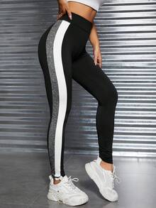 SHEIN PETITE 拼接側邊接縫緊身打底褲 - 黑色 - 查看 6