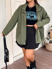 Flirla Plus Flap Pocket Drawstring Hooded Coat - Green - View 5