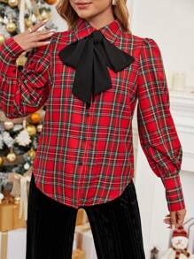 SHEIN Clasi In Tartan Cà vạt Tay áo Đèn lồng Áo sơ mi - Đỏ - Xem 4