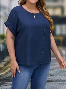EMERY ROSE Plus Button Detail Batwing Sleeve Blouse - Blue - View 5
