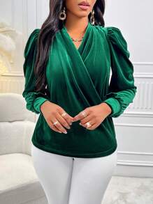 Zolique Surplice Neck Lantern Sleeve Velvet Blouse - Green - View 5