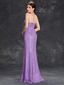 Asymmetrical Neck Split Thigh Sequin Prom Dress - Purple - View 2