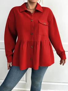 Calvaya 大碼落肩袖翻蓋口袋荷葉擺前紐扣外套 - 紅色 - 查看 6