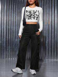SHEIN PETITE Figure Graphic Crop Tee & Flap Pocket Side Cargo Pants - Black - View 3