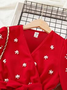SHEIN Cô gái Tween Ngọc trai đính cườm tay áo lá sen Váy có thắt lưng - Đỏ - Xem 5