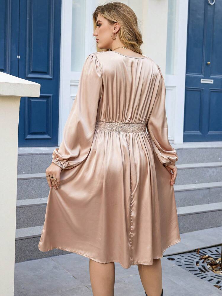 Plus Surplice Neck Lantern Sleeve Dress