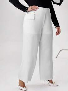 SHEIN Privé 大碼翻蓋細節闊腿褲 - 白色 - 查看 4