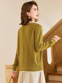 Cổ áo tương phản Đôi ngực Áo len - Màu vàng - Xem 2