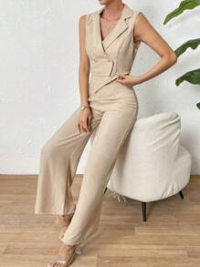 SHEIN Privé Đôi ngực Áo khoác Vest & Quần ống rộng - Màu Khaki - Xem 4