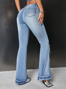 SHEIN ICON 毛邊牛仔喇叭褲 - 淺色水洗藍 - 查看 2